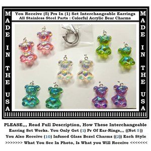 5/$20 Gummie Bear Dangle Candy Interchangeable Charm Earrings-5 Pairs in Set